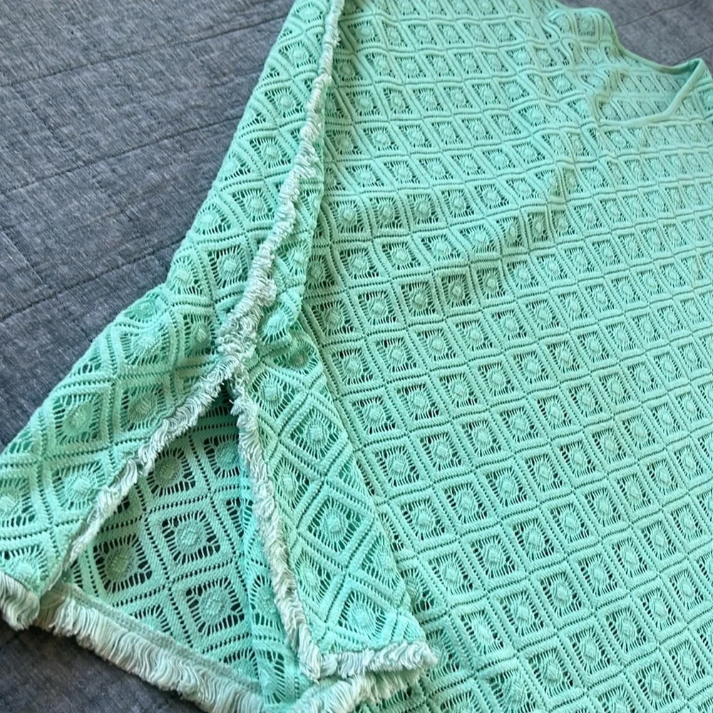 Fringed Crochet Swim Beach Cover Tunic Pastel Mint Green | XL